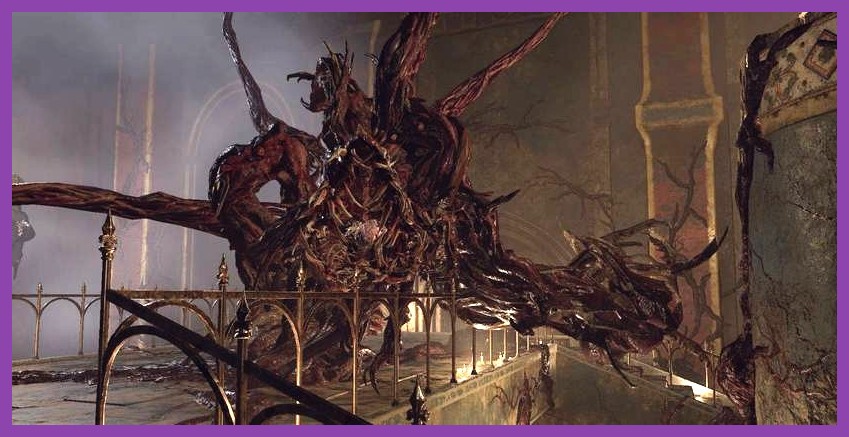 Leon fighting the grotesque boss Salazar in the castle