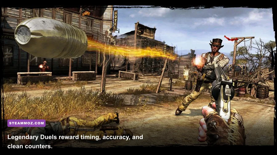 Silas Greaves facing an outlaw during a legendary duel in Call of Juarez Gunslinger