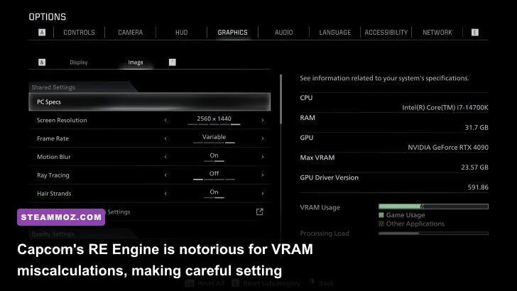 Resident Evil 4 remake PC graphical settings interface detailing mesh quality and VRAM allocation