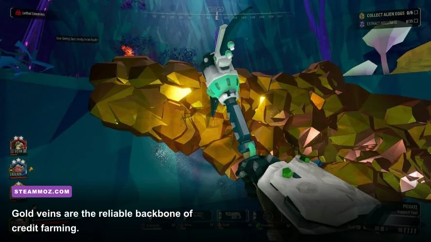 A Deep Rock Galactic dwarf mining a gold vein from a cavern wall