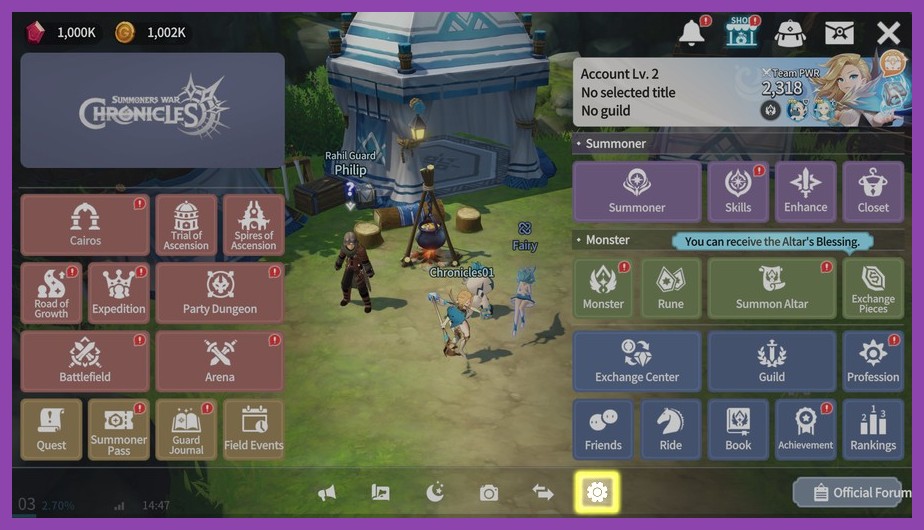 Account Mastery skill tree in Summoners War Chronicles showing account-wide stat boosts