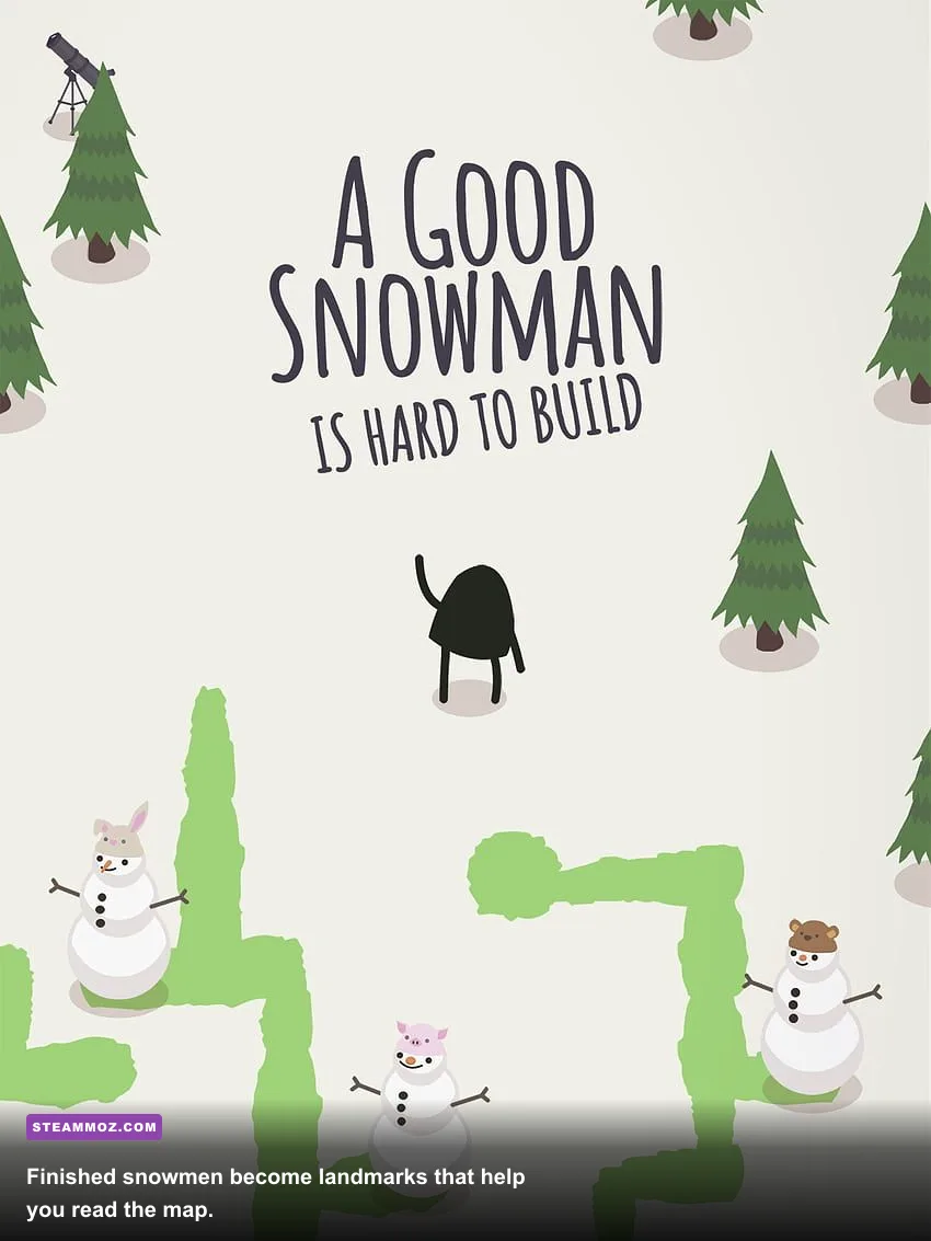 Several completed snowmen gathered in a garden area from the game