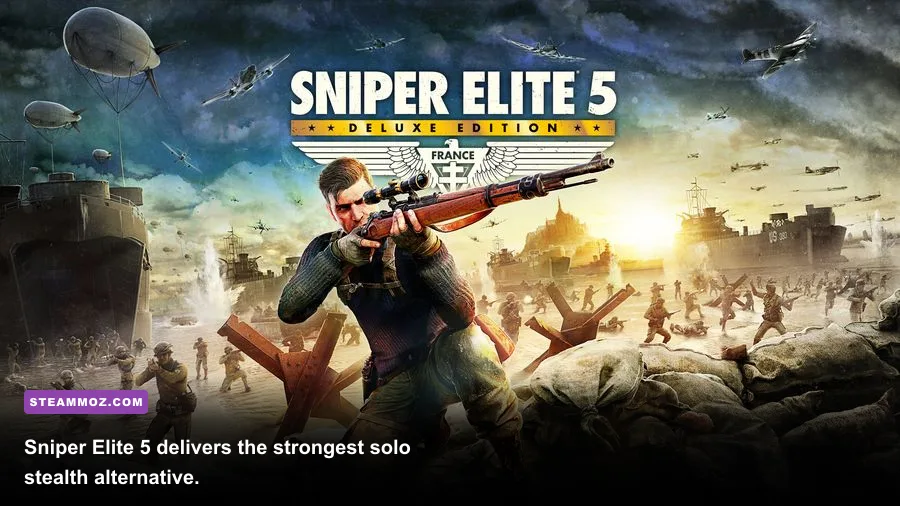 Sniper Elite 5 protagonist infiltrating a German position in occupied France