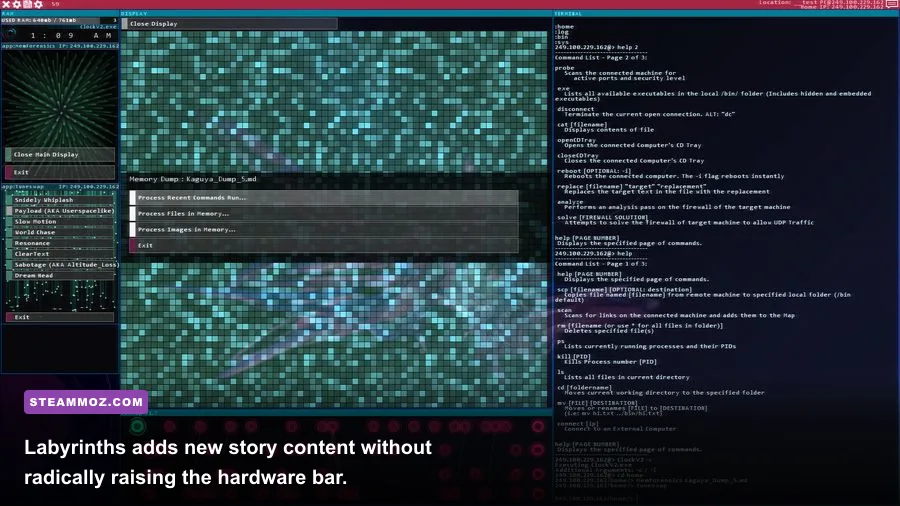 Hacknet Labyrinths gameplay showing the Entropy hacker group terminal