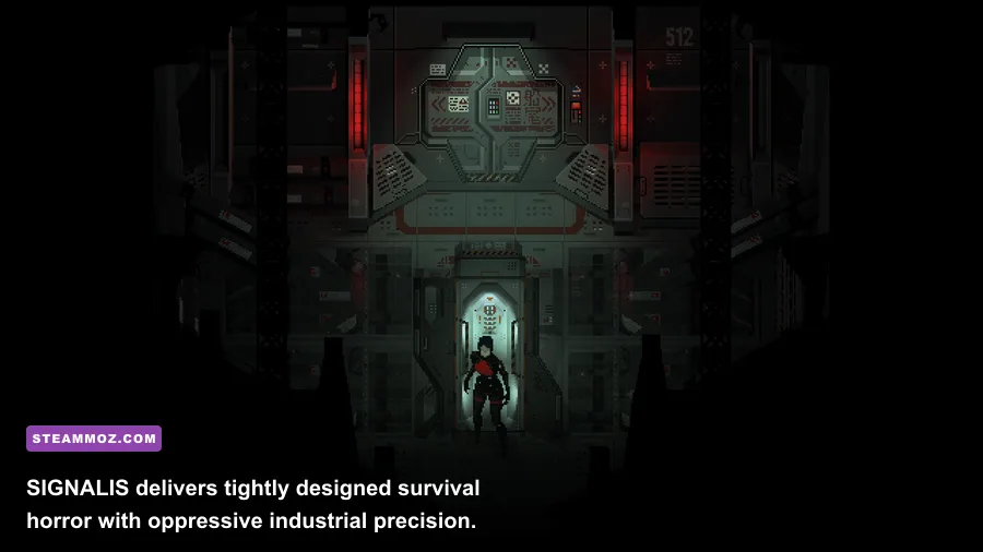SIGNALIS protagonist exploring a red-lit abandoned facility corridor
