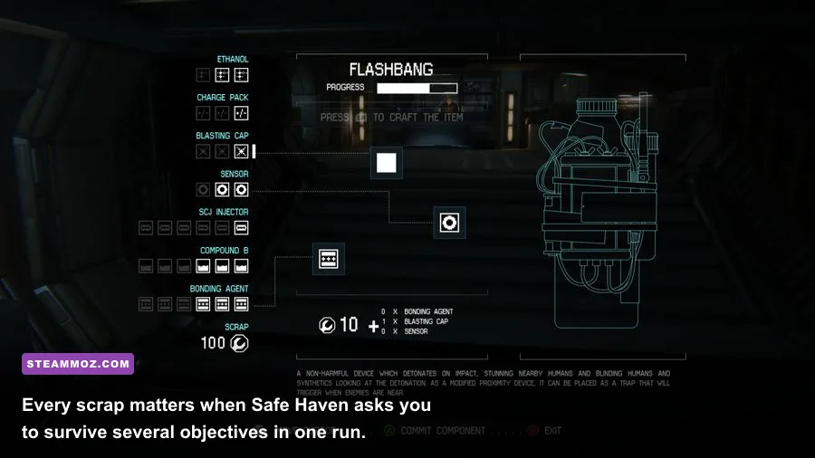 Alien Isolation crafting menu showing medkit noise maker and EMP mine recipes