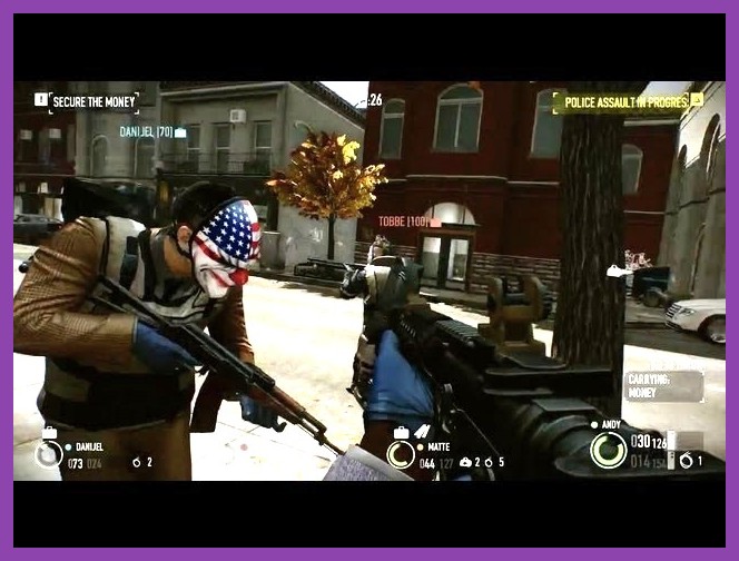 Payday 2 crew wearing masks shooting police inside a bank vault