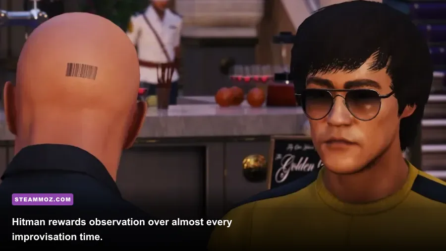 Agent 47 in disguise scouting a target in Hitman