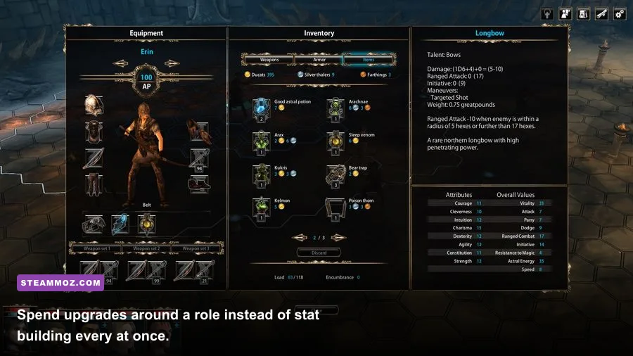 Blackguards character development screen showing attributes talents and equipment