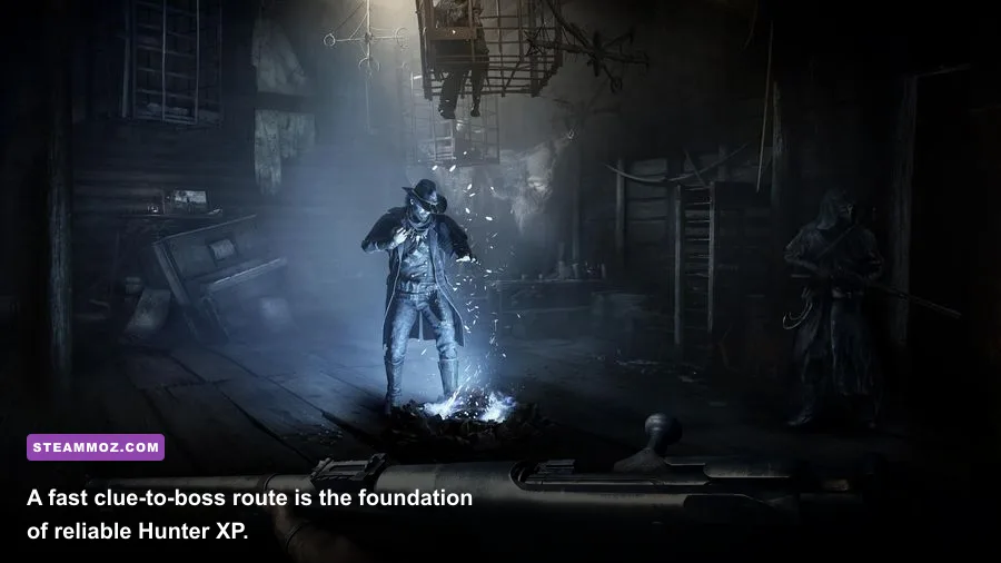 Hunt Showdown 1896 hunter moving between clues and a bounty compound