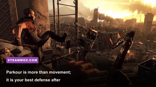 Dying Light survivor escaping Volatiles across Harran rooftops at night