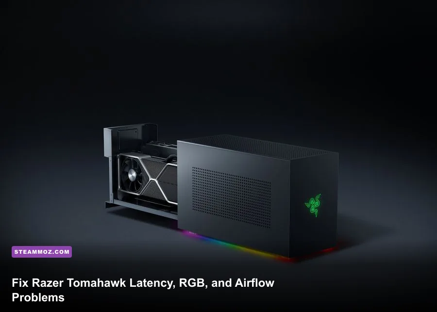 Razer Tomahawk Gaming Desktop with RGB lighting on a gaming desk