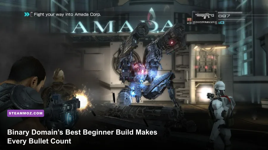 Dan Marshall fighting robot enemies in Binary Domain on PC