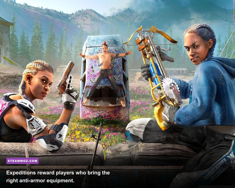 Far Cry New Dawn Expedition mission with weapons and equipment in view