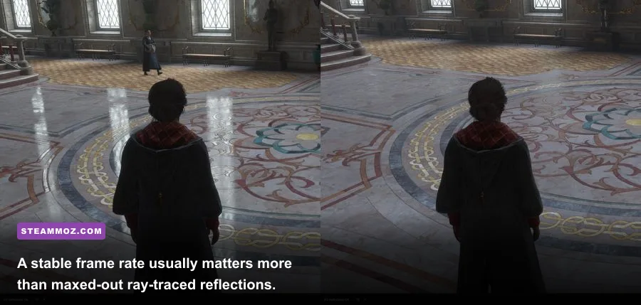 Hogwarts Legacy Hogwarts courtyard showing detailed PC graphics and ray tracing