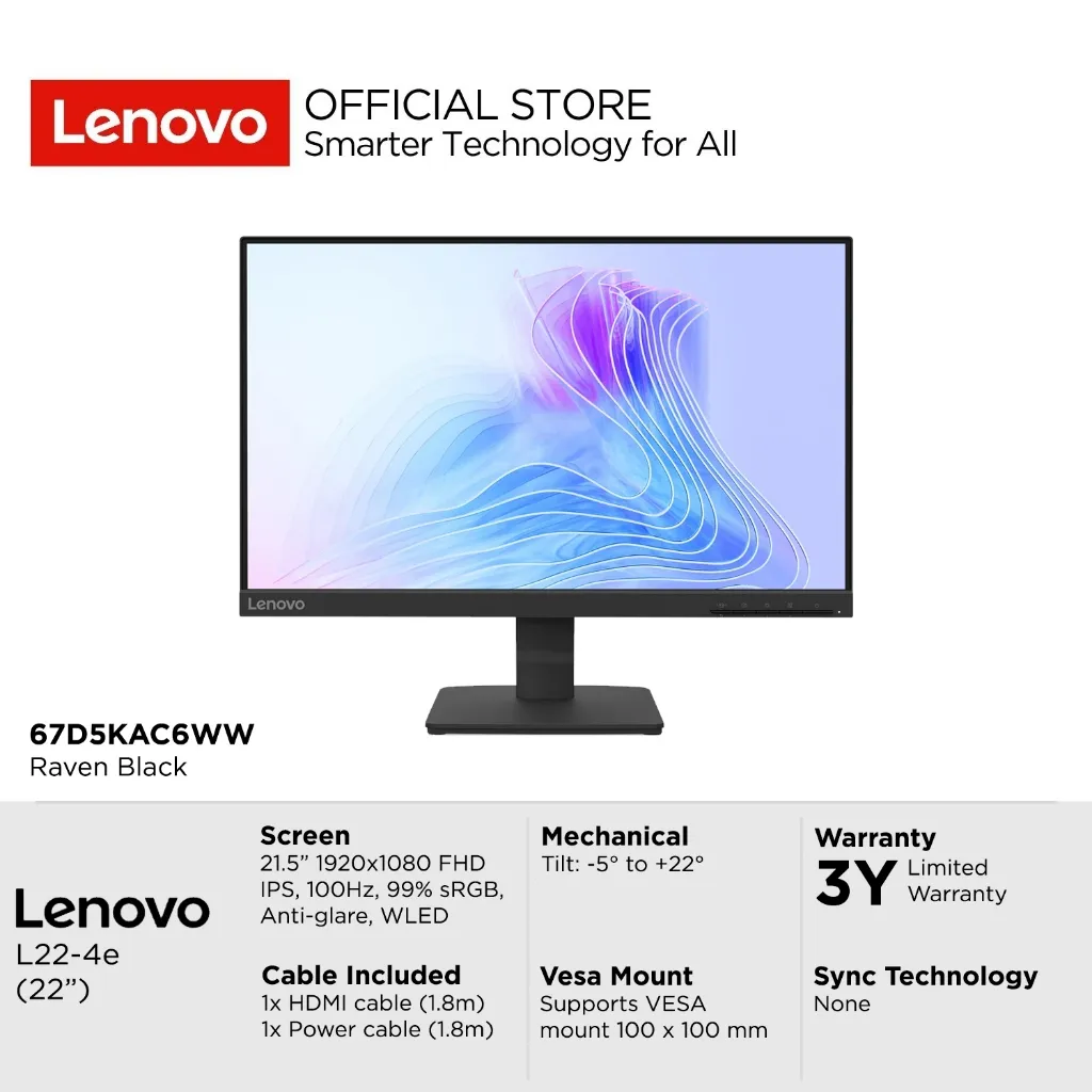 Lenovo Monitor L22-4e C6WW 21.5" FHD IPS 3-side NearEdgeless 100Hz 99% sRGB Antiglare Tilt Stand VESA Mount HDMI VGA Monitor 22inch 67D5KAC6WW Raven Black Garansi Resmi Lenovo Indonesia 3 Tahun