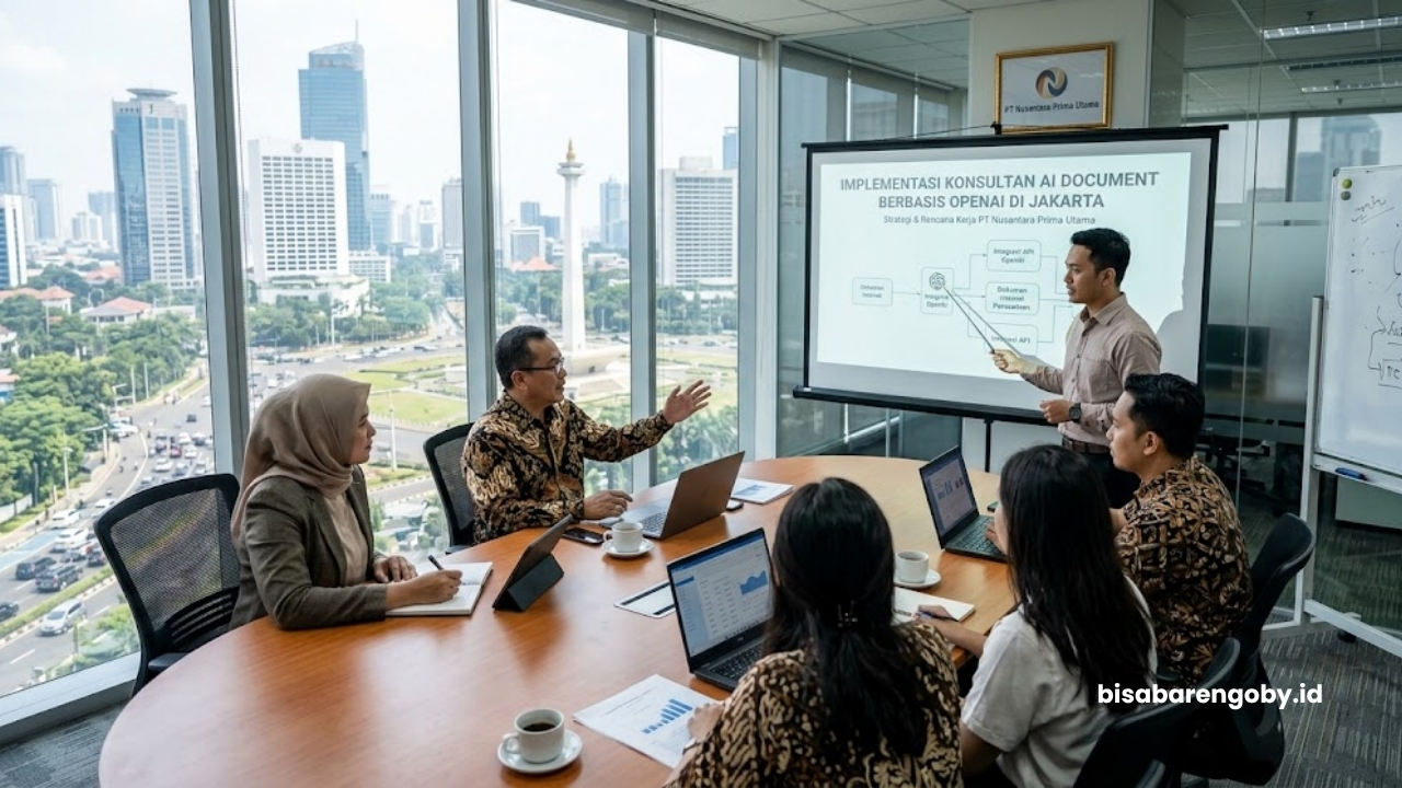 Tim manajemen perusahaan di Jakarta sedang berkonsultasi mengenai implementasi konsultan AI Document berbasis OpenAI.