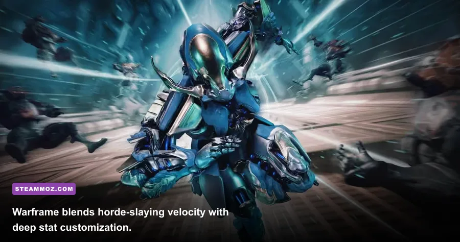Warframe operator performing high-speed bullet jump combat