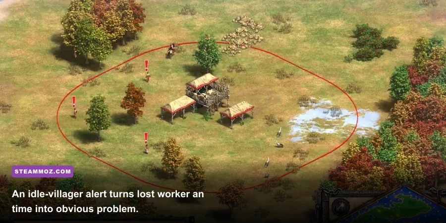 Age of Empires II Definitive Edition idle villager pointer highlighting an unused villager