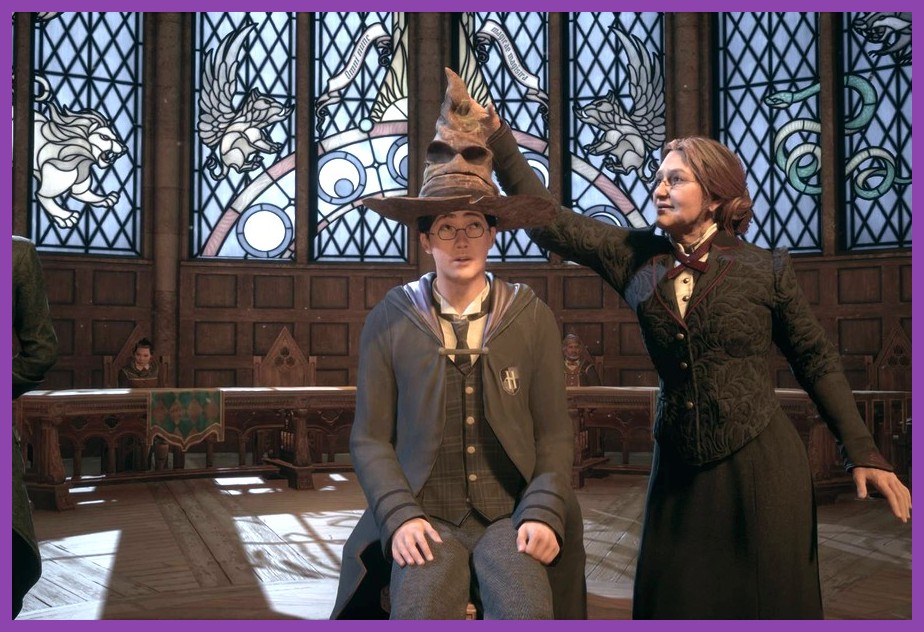 The Sorting Hat resting on the player character's head during the house sorting ceremony in Hogwarts Legacy