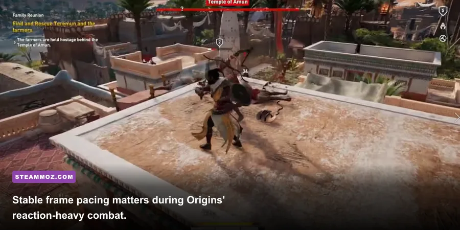 Bayek fighting Roman soldiers in Assassin's Creed Origins
