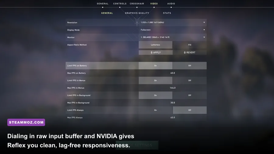 Valorant graphics and video settings panel showing Reflex and input latency options
