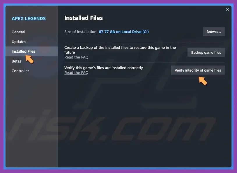 Steam verify integrity of Apex Legends game files window
