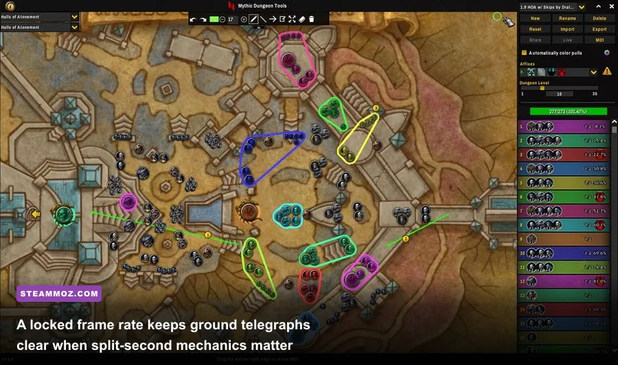 Action screenshot of a high Mythic plus dungeon run in World of Warcraft