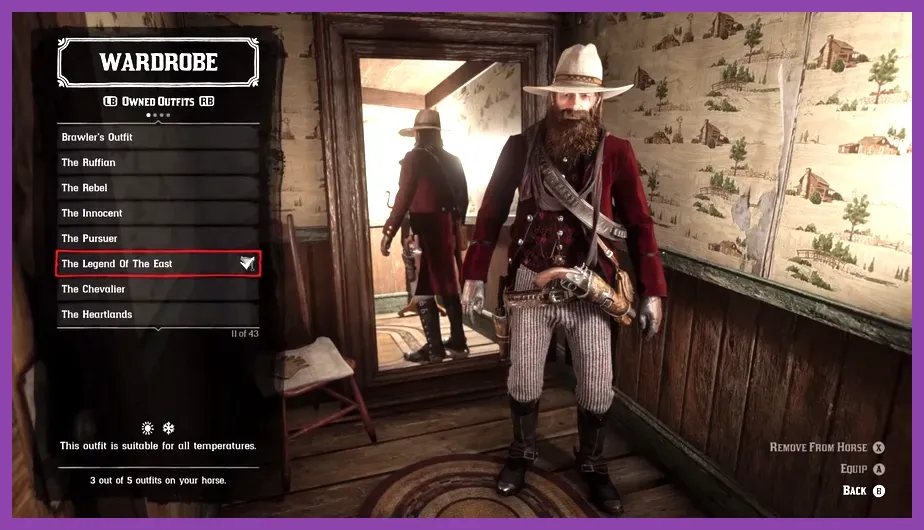 Red Dead Redemption 2 challenge menu showing progress toward the Legend of the East outfit