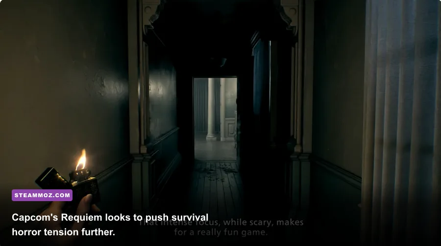 Resident Evil Requiem gameplay screenshot in a dark hallway