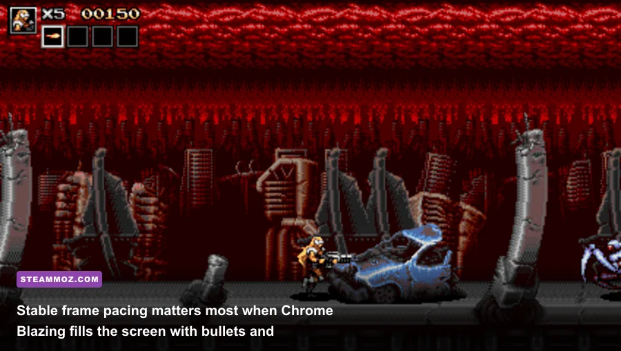 Blazing Chrome player fighting a giant robotic boss during a fast action sequence