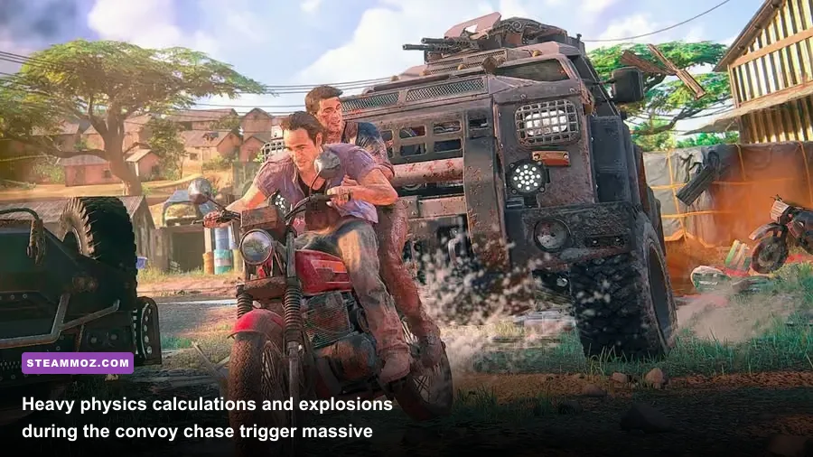 Nathan Drake hanging from a winch cable during the intense King's Bay convoy chase in Uncharted 4