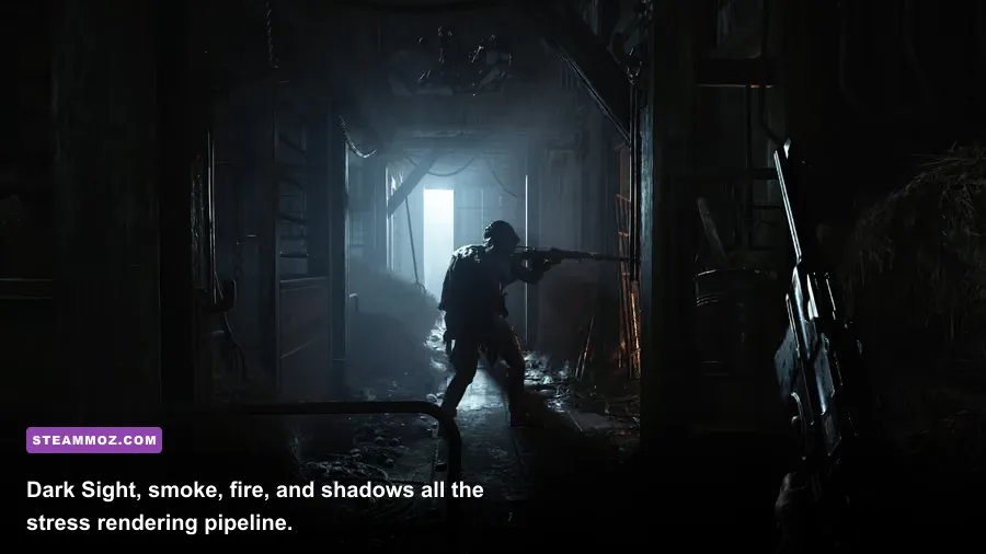 Hunt Showdown 1896 hunter using Dark Sight in a dark compound