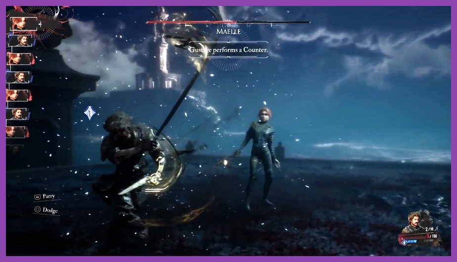 Lune performing a perfect parry in real-time turn-based combat in Expedition 33