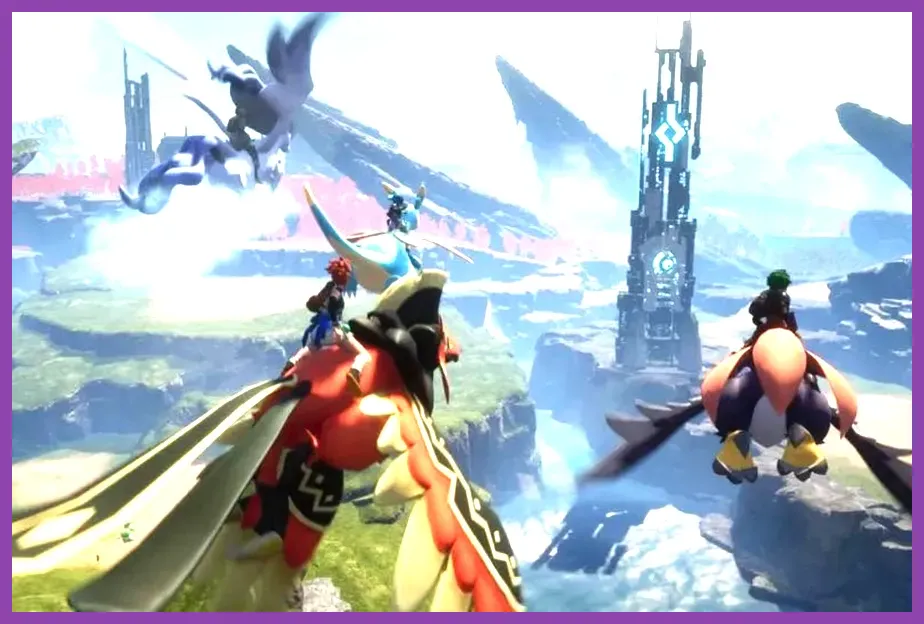Player riding a Nitewing flying mount across the Palworld landscape