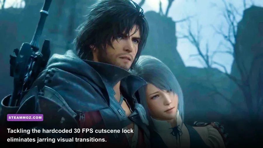 Cinematic cutscene featuring Clive and Jill in the Hideaway in Final Fantasy 16