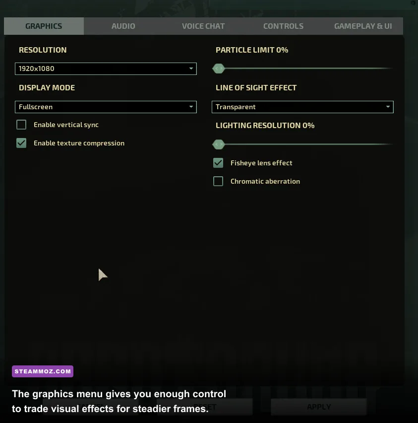 Barotrauma graphics settings menu showing lighting texture and particle options