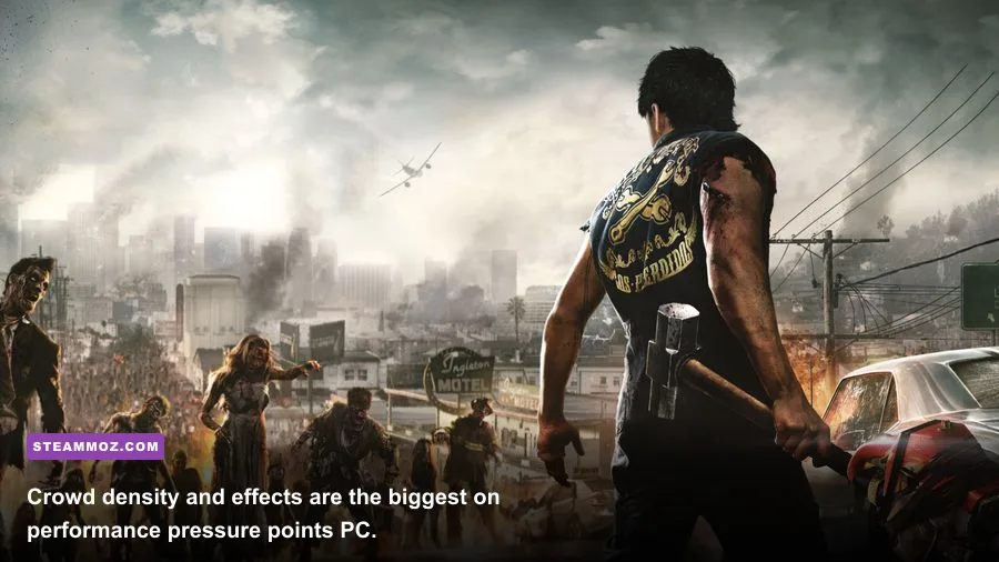 Dead Rising 4 PC gameplay showing Frank West surrounded by zombies