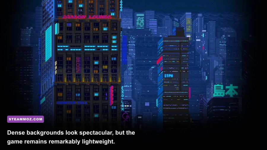 Huntdown cyberpunk city level with neon signs and detailed pixel-art backgrounds