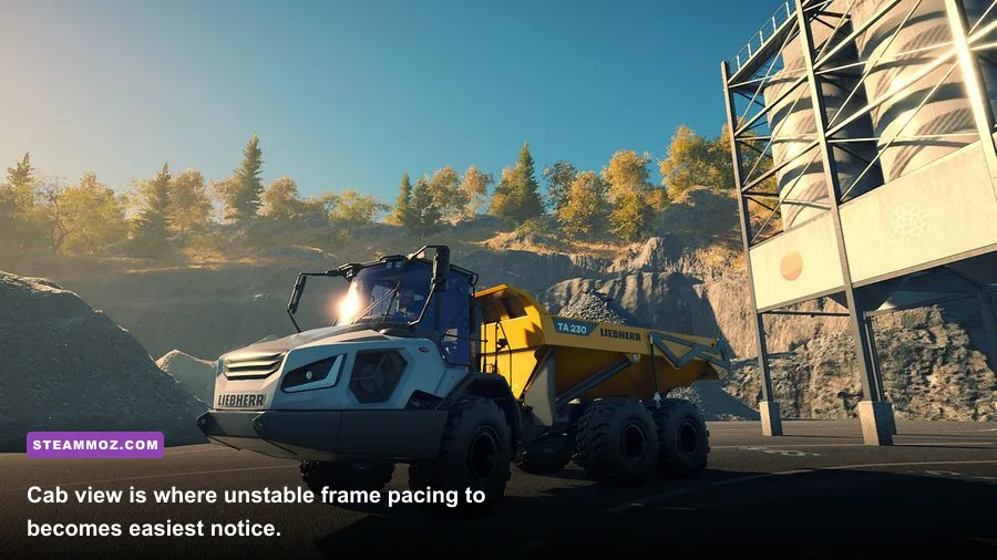 Construction Simulator 2015 LIEBHERR A 918 cab view with construction site controls