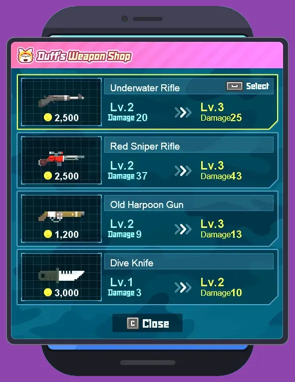 Duff's weapons shop interface in Dave the Diver