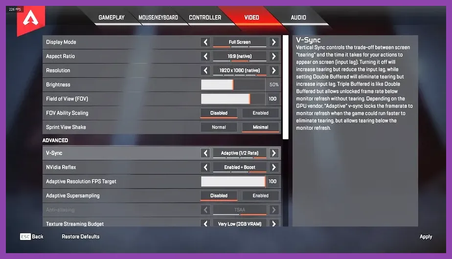Apex Legends PC video settings showing performance options