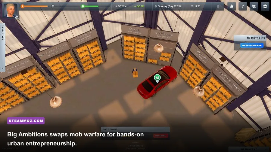Big Ambitions gameplay showing a New York business network and delivery logistics
