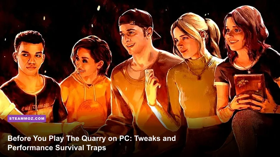 Camp counselors gathered around a campfire in The Quarry on PC