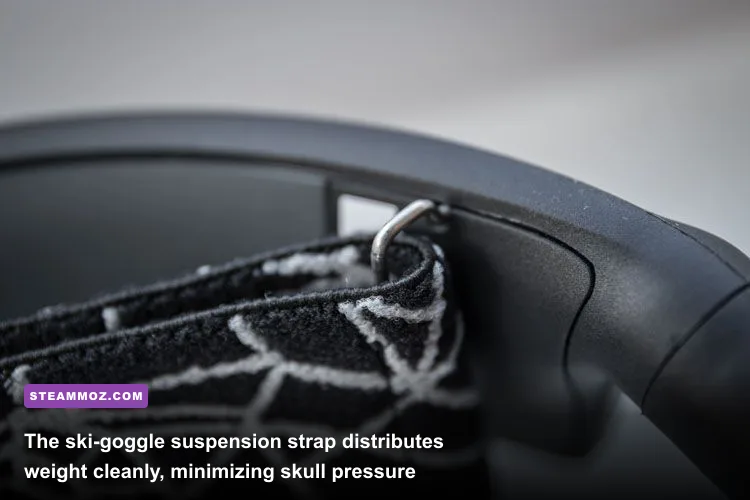SteelSeries ski-goggle elastic suspension strap stretched over the steel frame