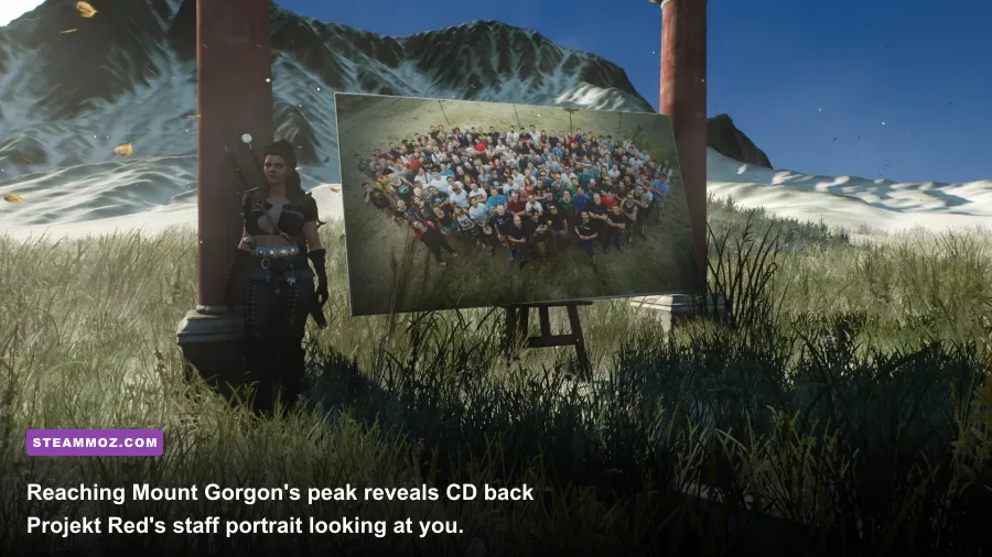 Mountaintop easter egg in The Witcher 3 Blood and Wine showing the CD Projekt Red staff photo