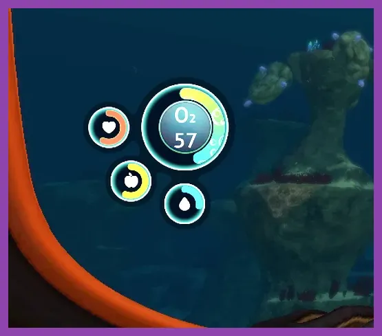 Subnautica 2 deep water HUD showing oxygen warning levels