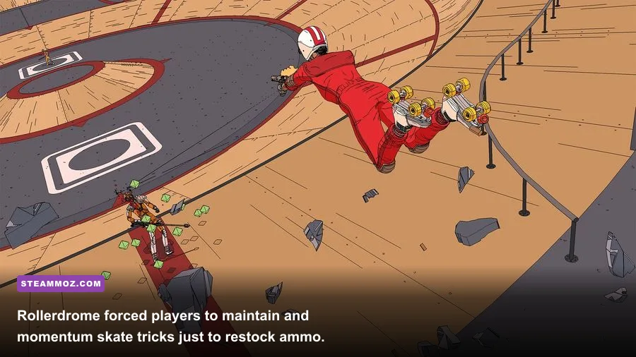 Rollerdrome retro shooter gameplay doing skate tricks while firing dual pistols