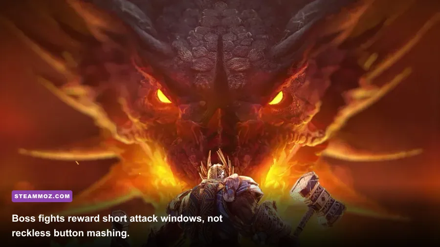Dragonkin The Banished Barbarian fighting a large dragon boss in an arena