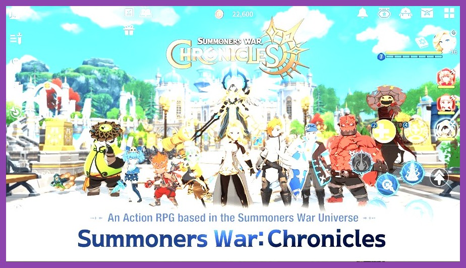 PvP Arena combat in Summoners War Chronicles with buff icons and skill animations